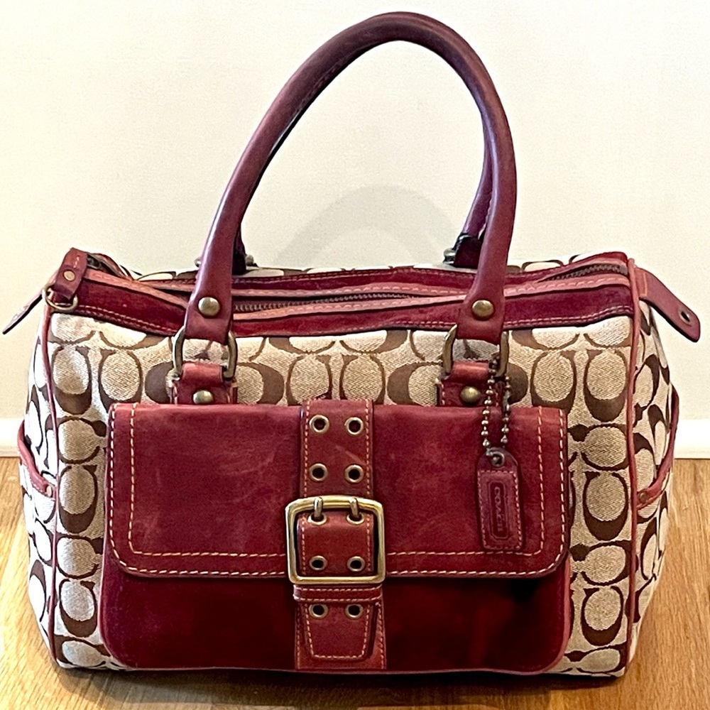Coach Tan Signature Suede Satchel with Burgundy Leather Trim